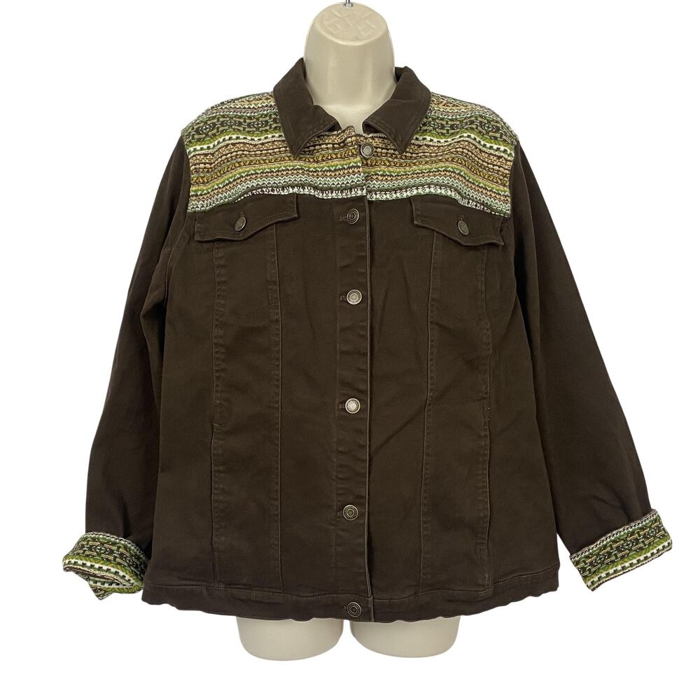 Denim & Co Jacket Womens Large Brown Trucker Southwestern Knit Trim Boho Trucker